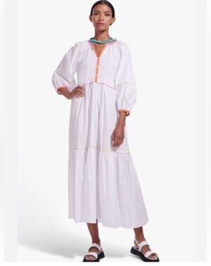 $345 STAUD Demi Dress Womens Large White Poplin Rainbow Tiered Maxi Lined Cotton
